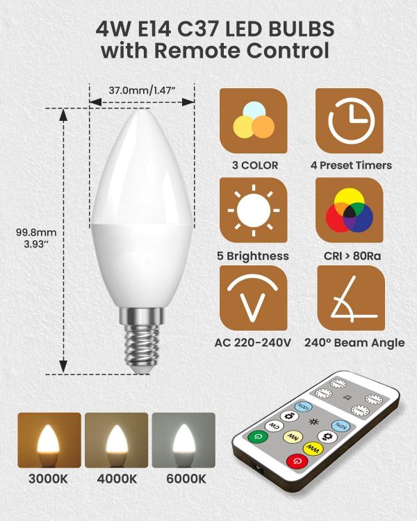 Picture of 4W E14 LED Candle Bulbs with Remote Control Dimmable SES 40W Equivalent 3 Colour Temperatures Timer 2 Pack