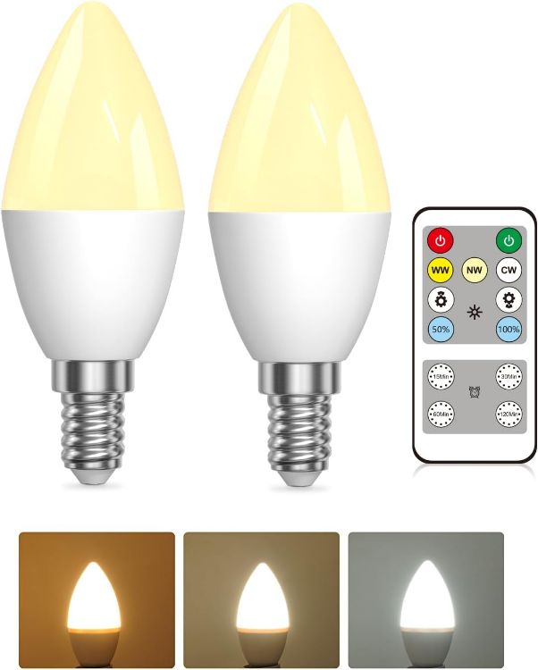 Picture of 4W E14 LED Candle Bulbs with Remote Control Dimmable SES 40W Equivalent 3 Colour Temperatures Timer 2 Pack