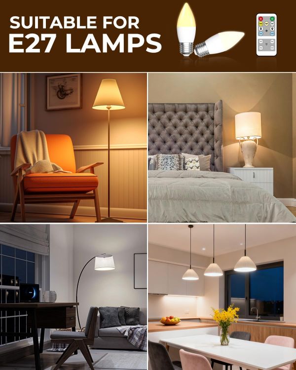 Picture of 4W E27 Candle LED Bulbs with Remote Control Dimmable ES 40W Equivalent 3 Colour Temperatures Timer 2 Pack