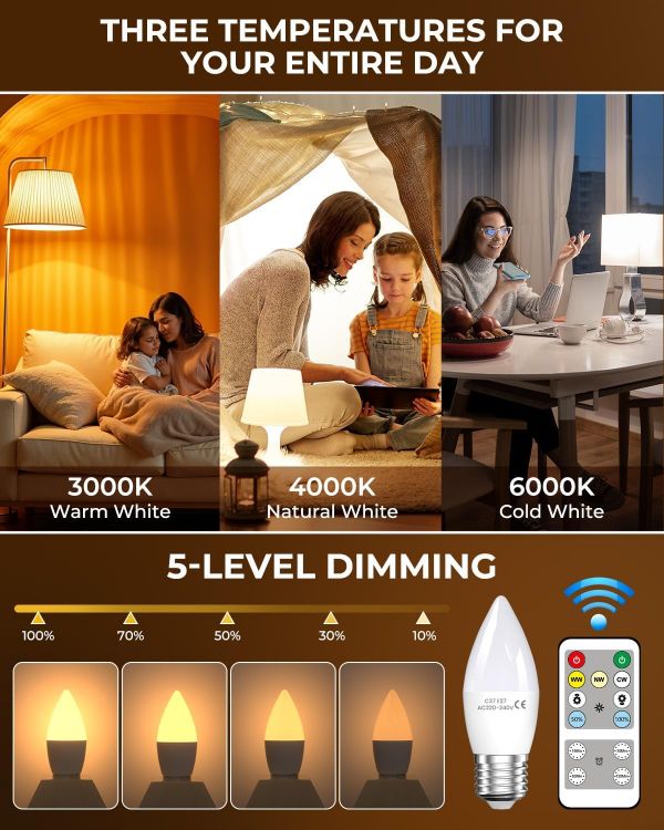 Picture of 4W E27 Candle LED Bulbs with Remote Control Dimmable ES 40W Equivalent 3 Colour Temperatures Timer 2 Pack