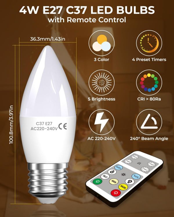 Picture of 4W E27 Candle LED Bulbs with Remote Control Dimmable ES 40W Equivalent 3 Colour Temperatures Timer 2 Pack