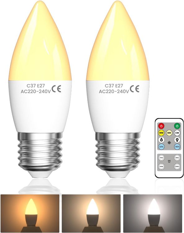 Picture of 4W E27 Candle LED Bulbs with Remote Control Dimmable ES 40W Equivalent 3 Colour Temperatures Timer 2 Pack