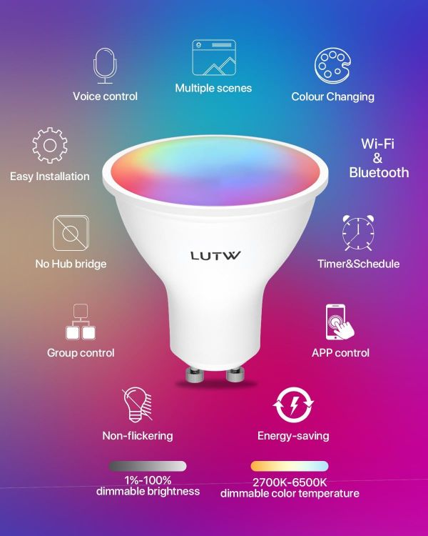 Picture of GU10 Smart Bulb RGBCW Colour Changing WiFi Bluetooth Alexa Google Home Dimmable LED 2 Pack