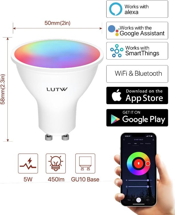 Picture of GU10 Smart Bulb RGBCW Colour Changing WiFi Bluetooth Alexa Google Home Dimmable LED 2 Pack
