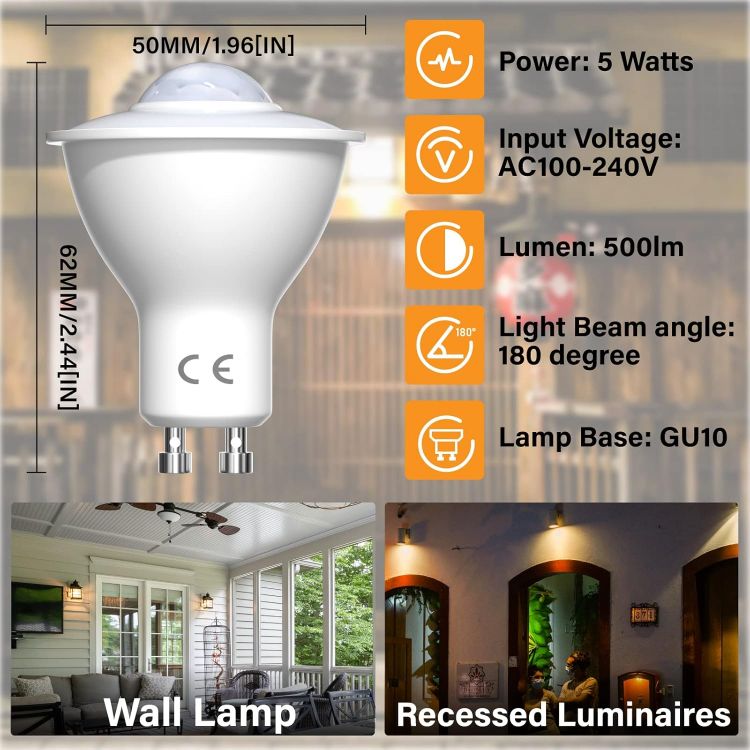 Picture of GU10 Smart Motion Sensor LED Bulbs 5W Warm White 3000K Auto On Off Security Spotlight 4 Pack