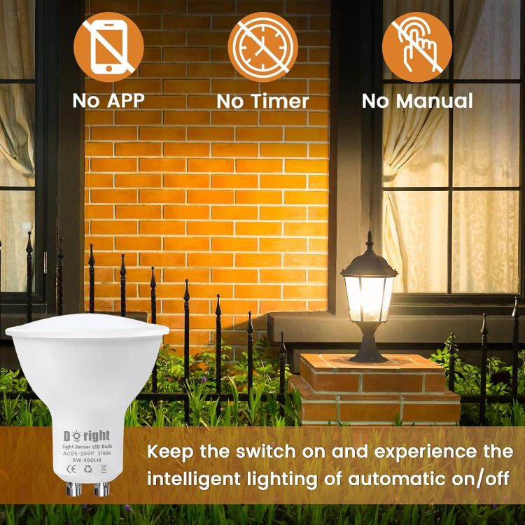 Picture of GU10 LED Dusk to Dawn Light Bulbs 5W Warm White 2700K Auto On Off Sensor Security Bulb 4 Pack