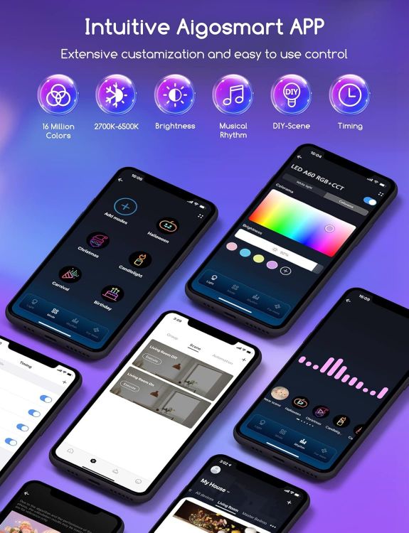 Picture of Smart E27 WiFi Bulb 9W RGBCW Colour Changing Alexa Google Home Music Sync Dimmable LED