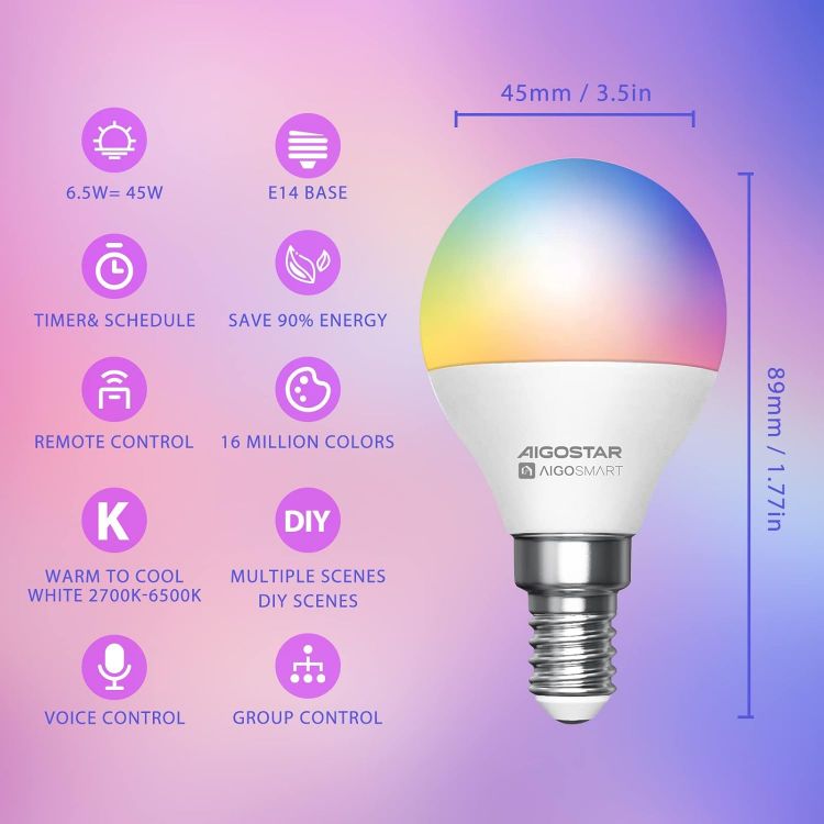 Picture of Smart E14 WiFi Bulb 6.5W RGBCW Alexa Google Home Dimmable 6 Pack
