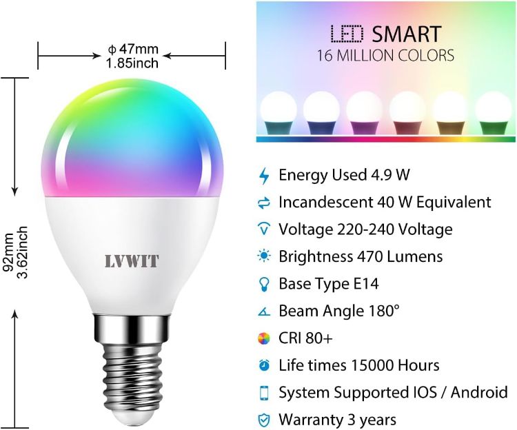 Picture of E14 Smart Bulb P45 RGB WiFi Golf Ball 5W 470LM Alexa Google Assistant 6 Pack
