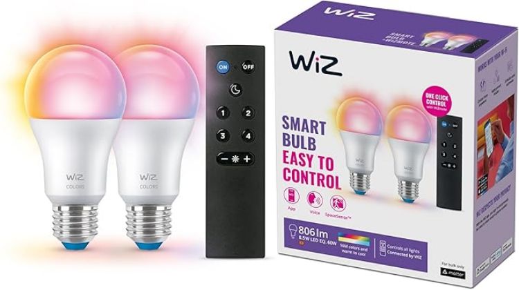 Picture of Smart Colour Bulb, E27, 8.5W, Motion Sensor with App, Dynamic Scenes, Remote Control, Connected WiFi Works with Alexa, Google Assistant & HomeKit, App Control for Home Lighting, Bedroom, 2 Pack