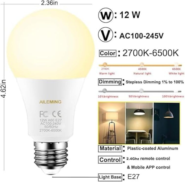 Picture of E27 Smart LED Bulb 12W 1000lm Remote Control Dimmable 2700–6500K 2 Pack