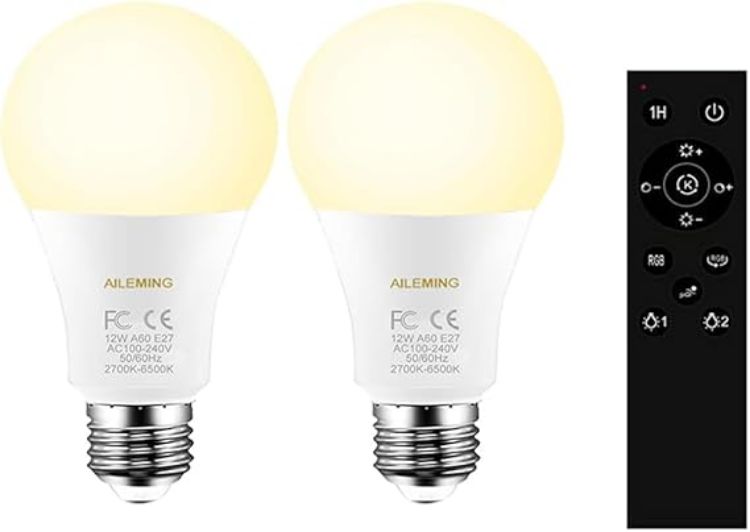Picture of E27 Smart LED Bulb 12W 1000lm Remote Control Dimmable 2700–6500K 2 Pack