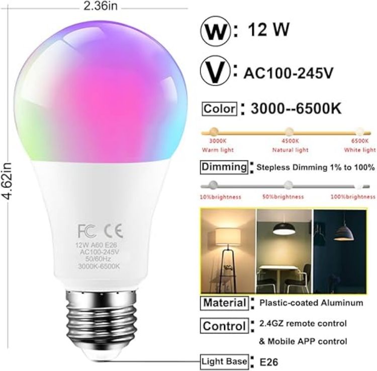 Picture of E27 RGBCW Smart LED Bulb 12W 1000lm Remote Control Colour Changing Dimmable