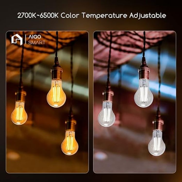 Picture of Smart Bulb E27, Alexa Light Bulb, WiFi Smart Bulb 6W LED Filament Bulb Works with Amazon Alexa&Google Home, Dimmable 2700-6500K Warm to Cool Daylight Vintage LED Bulb A60, No Hub Required [Energy Class E]