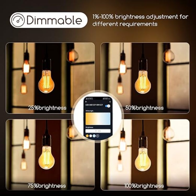 Picture of Smart Bulb E27, Alexa Light Bulb, WiFi Smart Bulb 6W LED Filament Bulb Works with Amazon Alexa&Google Home, Dimmable 2700-6500K Warm to Cool Daylight Vintage LED Bulb A60, No Hub Required [Energy Class E]