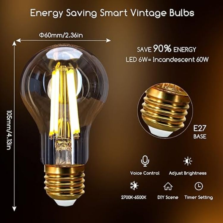 Picture of Smart Bulb E27, Alexa Light Bulb, WiFi Smart Bulb 6W LED Filament Bulb Works with Amazon Alexa&Google Home, Dimmable 2700-6500K Warm to Cool Daylight Vintage LED Bulb A60, No Hub Required [Energy Class E]