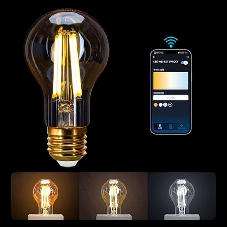 Picture of Smart Bulb E27, Alexa Light Bulb, WiFi Smart Bulb 6W LED Filament Bulb Works with Amazon Alexa&Google Home, Dimmable 2700-6500K Warm to Cool Daylight Vintage LED Bulb A60, No Hub Required [Energy Class E]