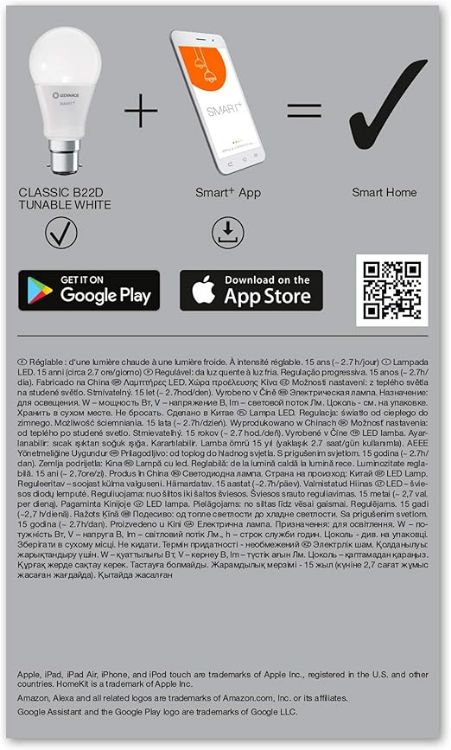 Picture of Smart LEDLamp with WiFi Technology, Base: B22D, Di mmable, Tunable White (2700-6500K), Replaces Incandescent Lamps with 60 W, Smart+ WiFi Classic Tunable White, 1-Pack [Energy Class F]