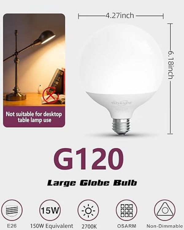 Picture of E27 Screw Bulb, G120 Globe Bulb,15W(150W Equivalent) Led Bulbs Warm White 2700k Large Globe Light Bulbs  Non-Dimmable  1500 Lume Energy Saving  Perfect for Indoor Room Led Bulbs