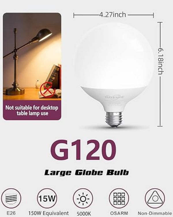 Picture of Led Light Bulb, G120 Globe Bulb 15W(150W Equivalent) Led Bulbs Daylight 5000k Large Globe Light Bulbs  Non-Dimmable  E27 Base, 1500 Lume Energy Saving  Perfect for Home Living Room Lighting [Energy Class F]