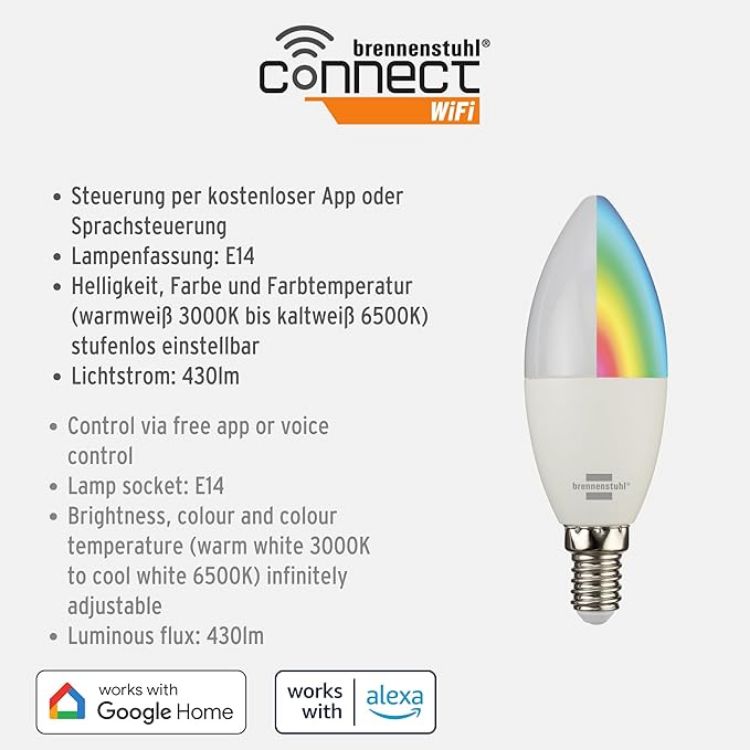 Picture of  Connect Smart Bulb SB 400 E14 (Compatible with Alexa and Google Assistant, no hub Necessary, Smart Light Bulb 2.4 GHz with Free app, 430lm, 5.5W) [Energy Class G]