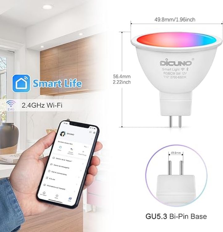 Picture of MR16 Smart Bulb 5W GU5.3 LED WiFi Light  AC/DC 12V  40W Equivalent Compatible with Alexa  Google Home  Tunable White 2700K-6500K Colour Changing Spotlight  320LM  4 Pcs [Energy Class G]