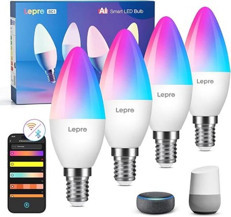Picture of AI Smart Bulb BC1 4.9 W 470 LM Light Bulb E14 Dimmable  Personalised AI Light Designer  RGB+CCT Compatible with Alexa/Google  Voice Control/Music Sync  WiFi & Bluetooth Pack of 4 [Energy Class F]