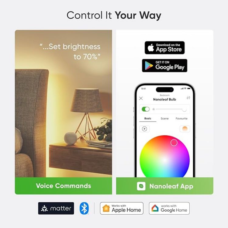 Picture of  E27 Smart LED Bulbs  RGB Colour-Changing WiFi Lights Alexa/Google Home Compatible 9W Dimmable Remote Control 2700K-6500K  Matter & Bluetooth Sync  Hub Required  2 Pack