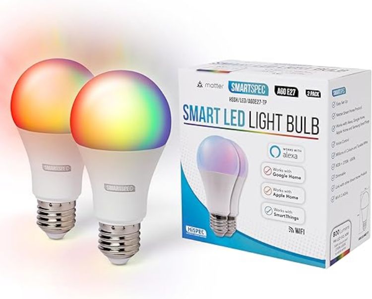 Picture of Smart Bulb 2 Pack  Smart WiFi LED Light. Works with Amazon Alexa  Google Home Apple Home. Colour Changeable. Multicolour Smart Light Bulb NUUK-A60 ACK Matter E27 [Energy Class F]