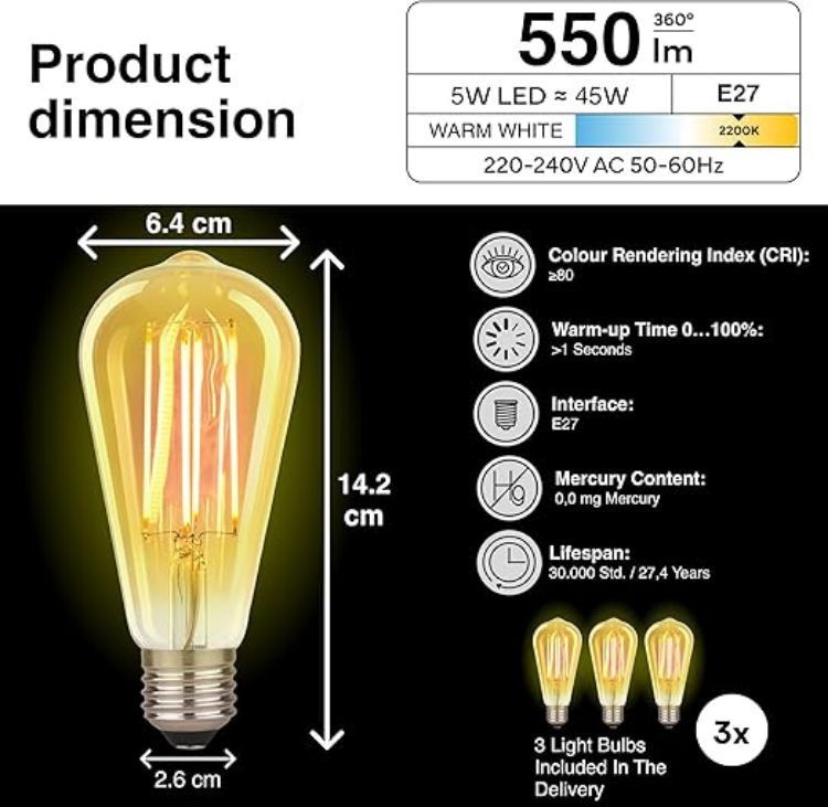 Picture of 3 Pack Vintage Decorative Light Bulbs Warm White  E27 Energy Efficient E-Class - Equivalent to 38W Bulb - Ideal for Home Hotels  Restaurants  Shock Resistant 14.2 x 6.4 cm  EL0010 [Energy Class E]