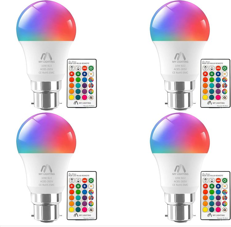 Picture of 10W B22 ECO Series RGB LED Bulbs 4 Pack Remote Dimmable 6000K
