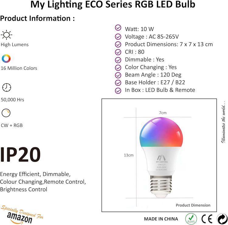 Picture of 10W B22 ECO Series RGB LED Bulbs 4 Pack Remote Dimmable 6000K