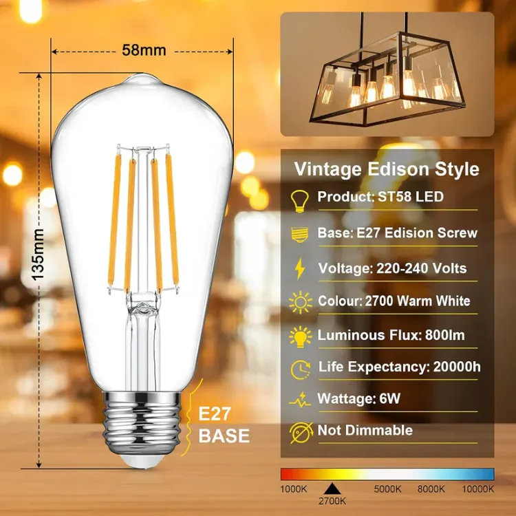 Picture of ST58 E27 6W LED Edison Light Bulbs 60W Equivalent, Daylight White 5000K, Not Dimmable, Clear Glass, E27 Base Lamp - Pack of 5