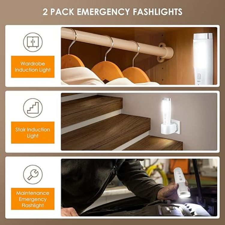 Picture of 2 Pack LED Motion Sensor Night Light, 4 Function Power Failure Light, Rechargeable Plug Base, Portable Energy Saving Flashlight, Emergency Sensor Light for Kids Adults Home Power Failure [Energy Class A]