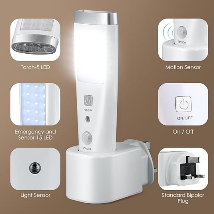 Picture of 2 Pack LED Motion Sensor Night Light, 4 Function Power Failure Light, Rechargeable Plug Base, Portable Energy Saving Flashlight, Emergency Sensor Light for Kids Adults Home Power Failure [Energy Class A]