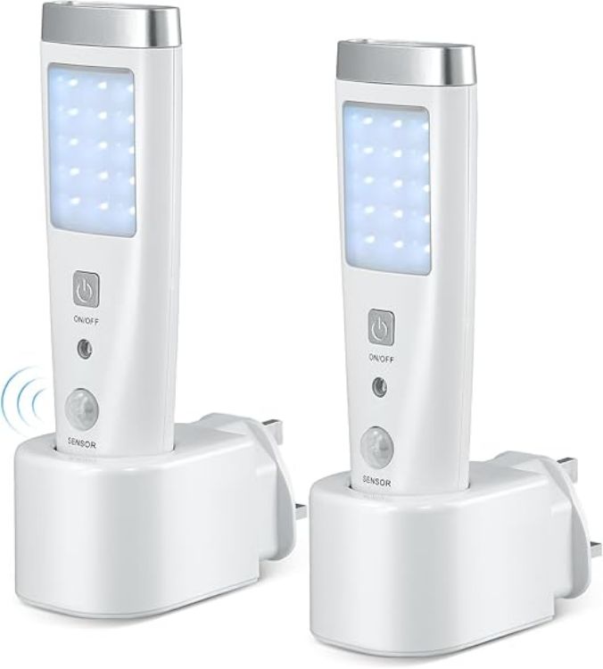 Picture of 2 Pack LED Motion Sensor Night Light, 4 Function Power Failure Light, Rechargeable Plug Base, Portable Energy Saving Flashlight, Emergency Sensor Light for Kids Adults Home Power Failure [Energy Class A]