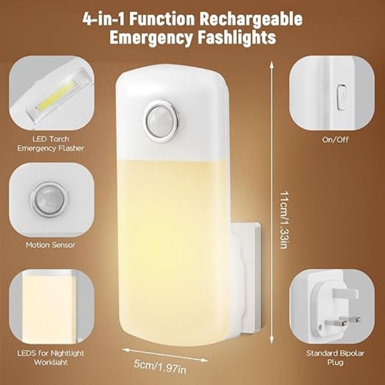 Picture of 2 Pack LED Motion Sensor Night Light 4 in 1 LED Power Failure Light  Rechargeable Plug in Emergency Flashlight  Portable Dimmable Nightlights  for Kids Adults Home Power Failure [Energy Class A]