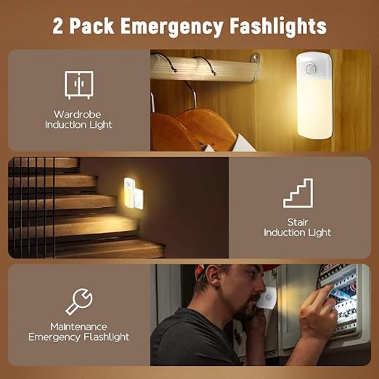 Picture of 2 Pack LED Motion Sensor Night Light 4 in 1 LED Power Failure Light  Rechargeable Plug in Emergency Flashlight  Portable Dimmable Nightlights  for Kids Adults Home Power Failure [Energy Class A]