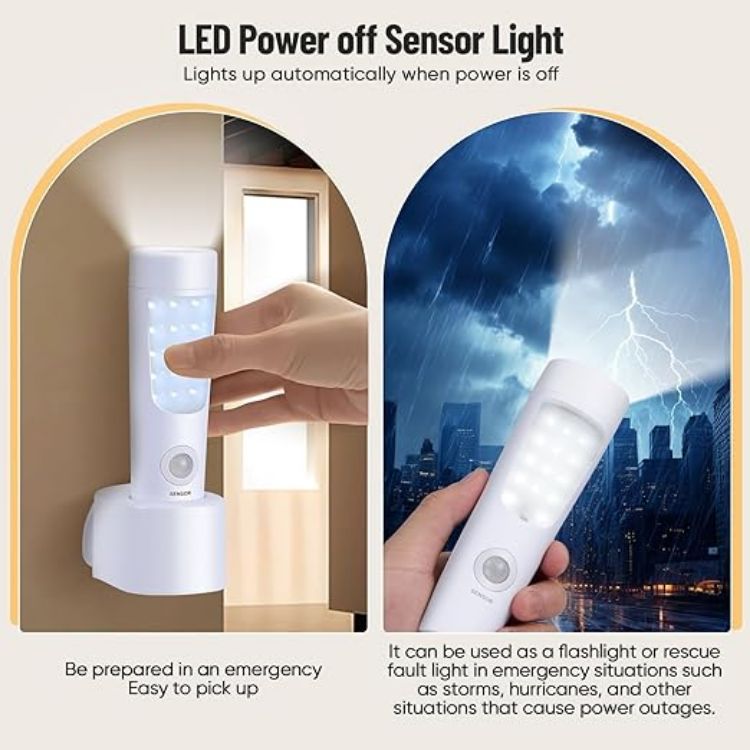 Picture of 2 Pack Plug in Motion Sensor Night Light 4 in 1 Emergency Light with Rechargeable Base  Bright Power Failure Light Portable Emergency Torch Plug in Night Light for Hallway Stairs Nursery Bedroom [Energy Class A]