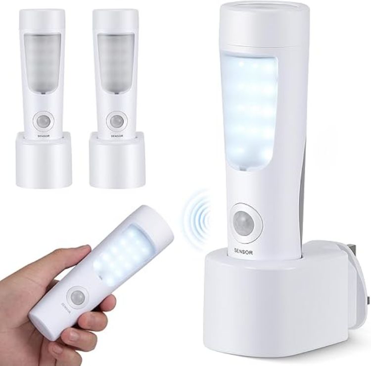Picture of 2 Pack Plug in Motion Sensor Night Light 4 in 1 Emergency Light with Rechargeable Base  Bright Power Failure Light Portable Emergency Torch Plug in Night Light for Hallway Stairs Nursery Bedroom [Energy Class A]