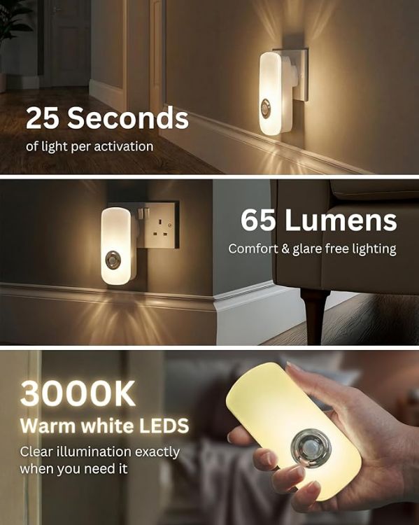 Picture of Plug in PIR Motion Sensor LED Night Light Hallway Safety Living Aid & Rechargeable Battery Powered Emergency Torch - Warm White