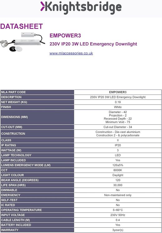 Picture of Knightsbridge EMPOWER3 3W LED Emergency Downlight 34mm IP20