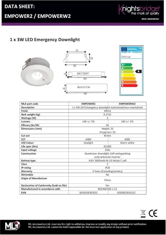 Picture of 3W LED Emergency Downlight 3000K IP20 White Ceiling Light