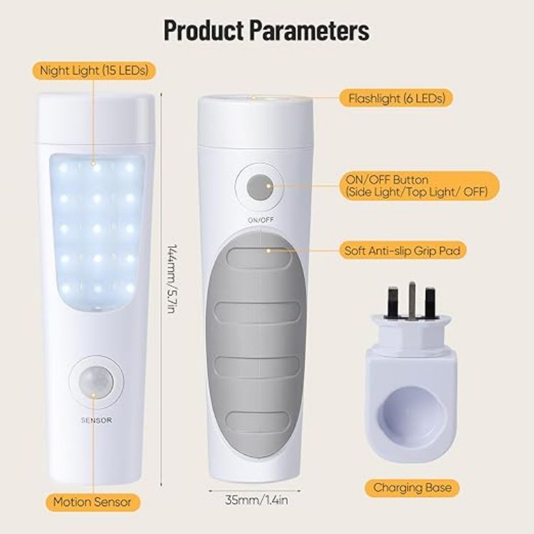 Picture of 2-Pack Plug in Motion Sensor Night Light, 4 in 1 Emergency Light with Rechargeable Base, Bright Power Failure Light, Portable Emergency Torch, Plug in Night Light for Hallway Stairs Nursery Bedroom 