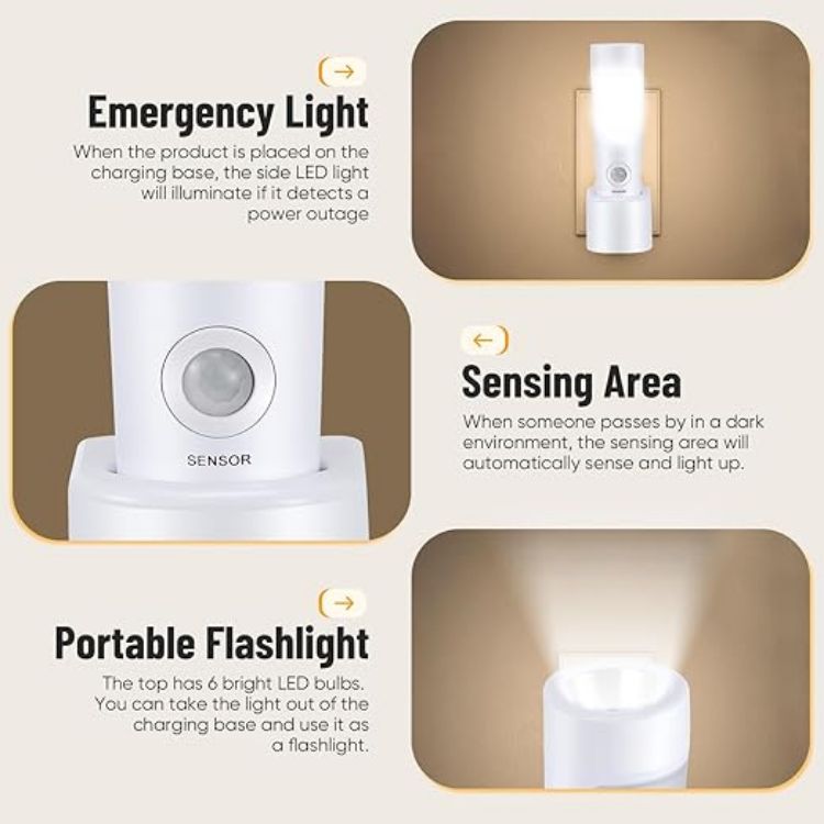 Picture of 2-Pack Plug in Motion Sensor Night Light, 4 in 1 Emergency Light with Rechargeable Base, Bright Power Failure Light, Portable Emergency Torch, Plug in Night Light for Hallway Stairs Nursery Bedroom 