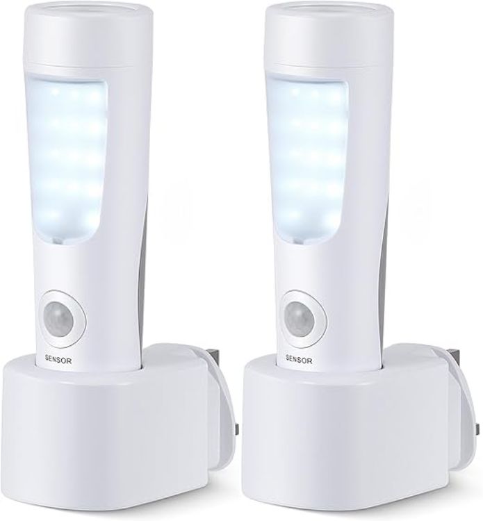 Picture of 2-Pack Plug in Motion Sensor Night Light, 4 in 1 Emergency Light with Rechargeable Base, Bright Power Failure Light, Portable Emergency Torch, Plug in Night Light for Hallway Stairs Nursery Bedroom 