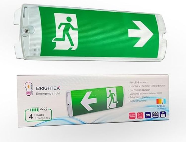 Picture of  Pack of 2 LED Emergency Exit Light Bulkhead IP65 Waterproof 5W with Battery Backup – Maintained or Non-Maintained Fire Exit Sign for Wall & Ceiling – UK Compliant [Energy Class A]