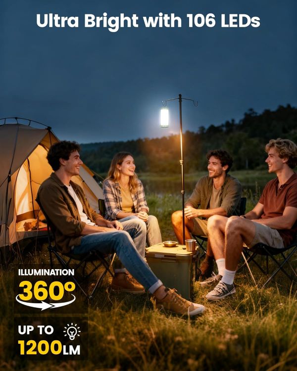 Picture of 106 LED Camping Lights Up to 80 Hours  5000 mAh Camping Lantern  Rechargeable with 5 Brightness 3 Modes and SOS  IP68 Waterproof, Max 1200 Lm  Lanterns for Power Outage Hiking [Energy Class A]
