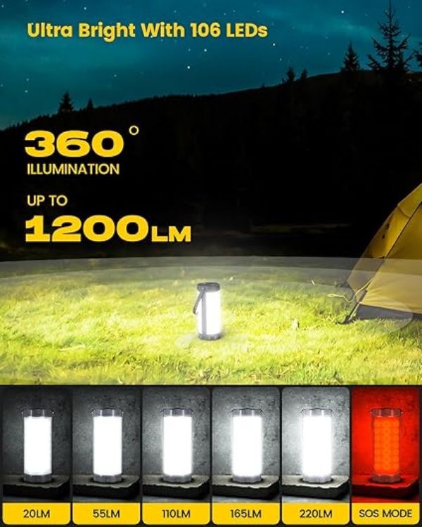 Picture of  Survival Camping Light, 1200LM Brightness Camping Lantern  80Hrs Runtime & Rechargeable IP68 Waterproof  5 Levels & SOS Compact Camping Lights for Tents  Hiking  Blackout Hurricane [Energy Class A]