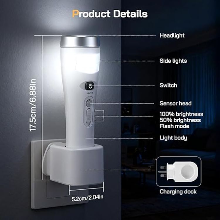 Picture of Plug in Motion Sensor Night Light 4 in 1 Automatic Power Failure Light Emergency Light Portable LED Torch Wireless Induction Charging Plug in Night Light for Hallway Stairs Bedroom  4 Pack [Energy Class A]